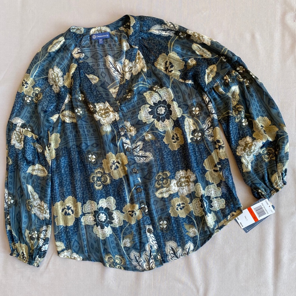 Democracy Long Sleeve button down Front- sheer Blouse Size XSmall